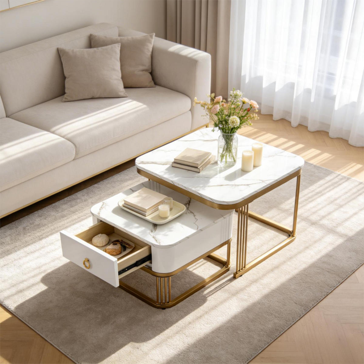 COUCHTISCH 2er-Set in Marmoroptik, Satztische aus Holzwerkstoff, Metallgestell, Weiß und Gold - Weiß, Holzwerkstoff (60/60/45cm) - Meubles Cosy