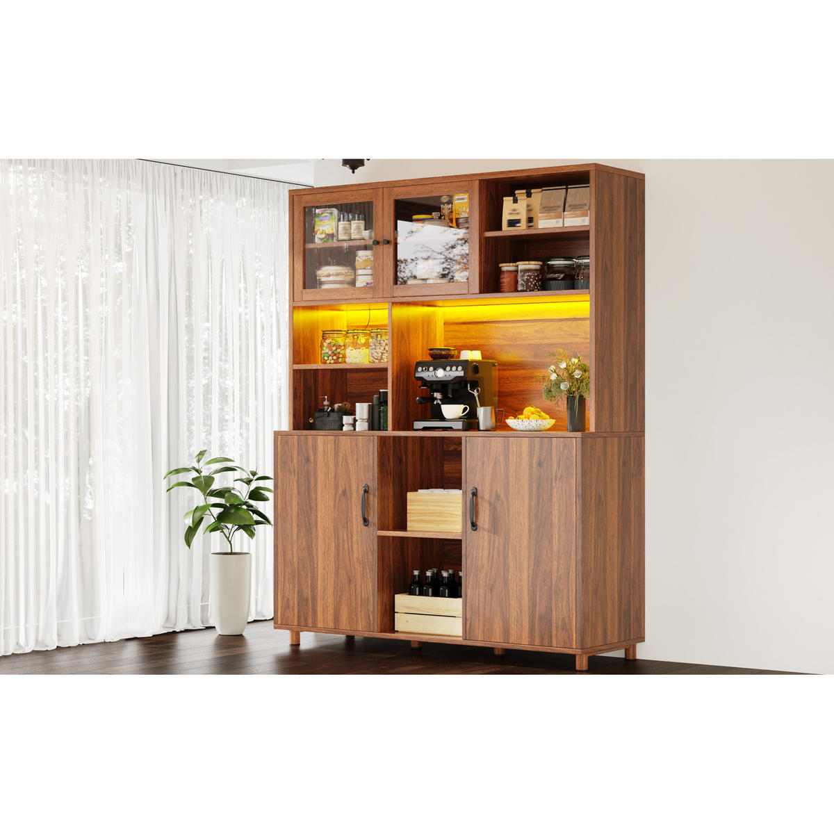 KÜCHENSCHRANK 140x40x185 cm, LED-Beleuchtung, Schiebetüren, 3 verstellbare Einlegeböden, Walnuss - Walnussfarben, Holzwerkstoff (140/185/40cm) - FOHERE