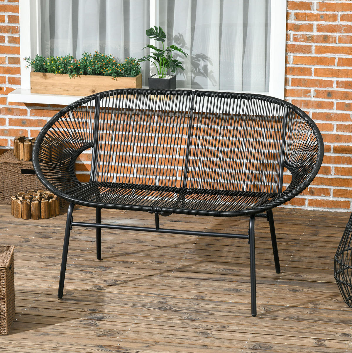 GARTENBANK 132/72/83 cm schwarz aus Polyrattan mit Stahlrahmen - Schwarz, Kunststoff (72/83/132cm) - OKWISH