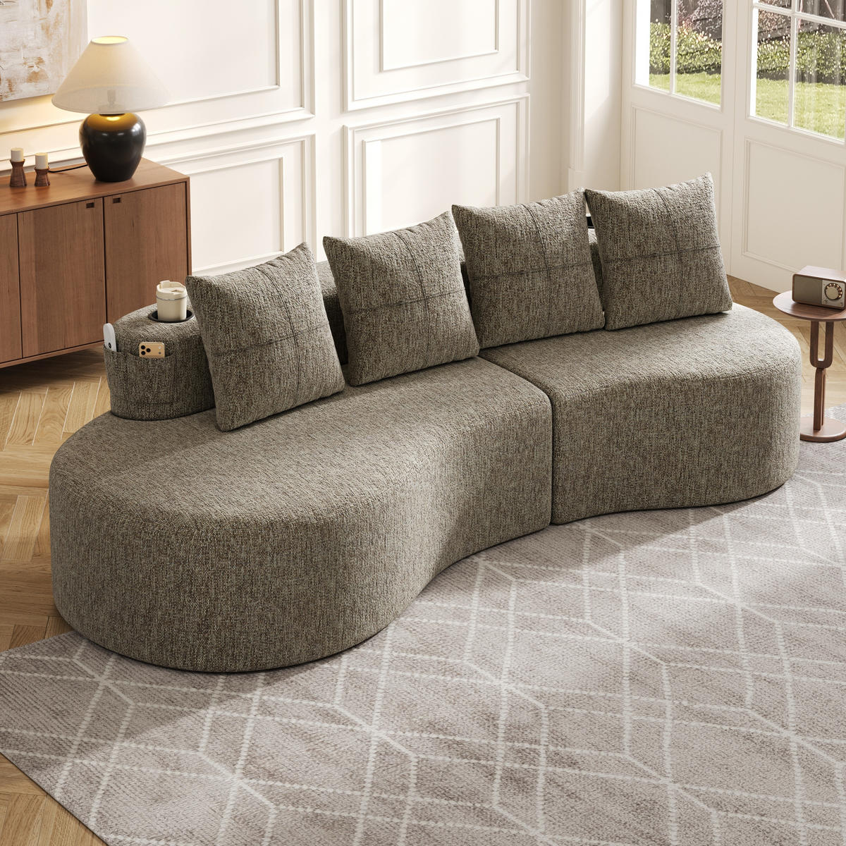 SOFA Leinen Khaki mit Becherhalter, Seitentaschen und mit Kissen - Hellbraun, Textil (240/63/109cm) - WISHDOR