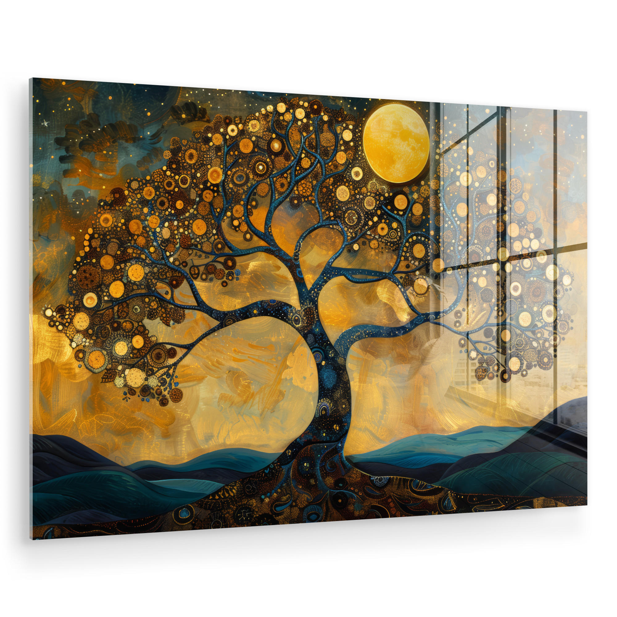 ACRYLGLASBILD Baum - Mond - Blumen - Gold - Kunst 90x60 cm - Orange, Glas (90/60cm) - MuchoWow