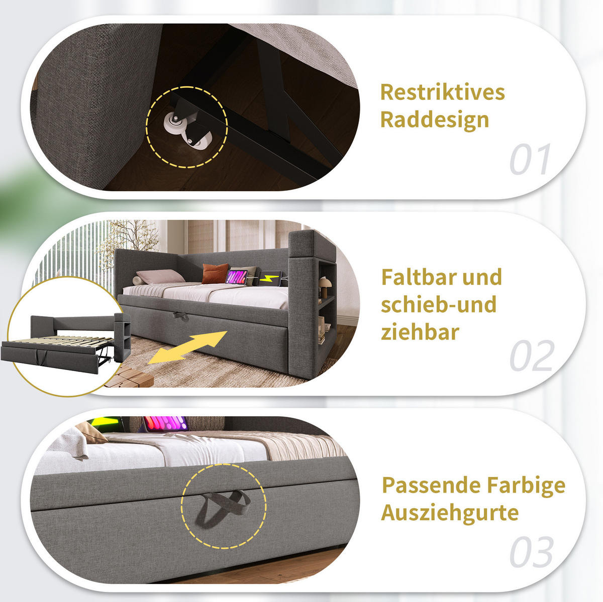 BETT 90/200 cm Grau aus Baumwoll-Leinen mit Bett und Ladefunktion - Grau, Textil (90/200cm) - OKMYHOME