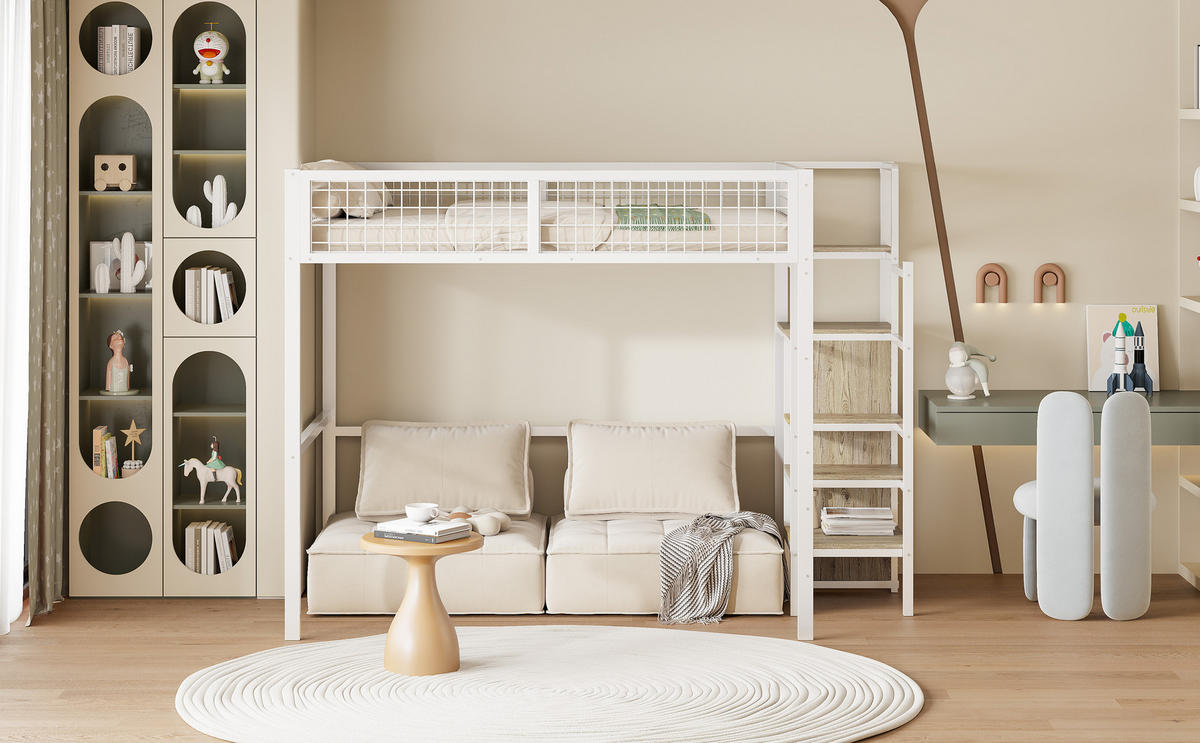 HOCHBETT 140/200 cm in Weiß mit Leiter, Kleiderschrank und Regal Metall Kinderbett - Weiß, Holz/Metall (140/200cm) - STILVORA