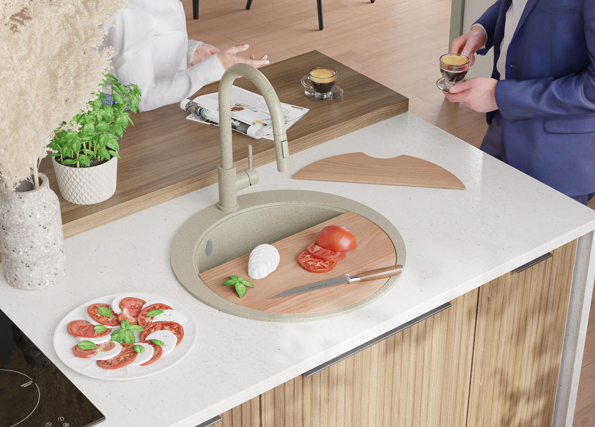 GRANITSPÜLE Pisa Max, 2-er set Beige 53/53 cm 1 Becken + Küchenarmatur 40/20 cm + Ablauf-Set + Schneidebrett ab 50er Unterschrank - Chromfarben/Beige, Kunststoff (53/20/53cm) - Primagran