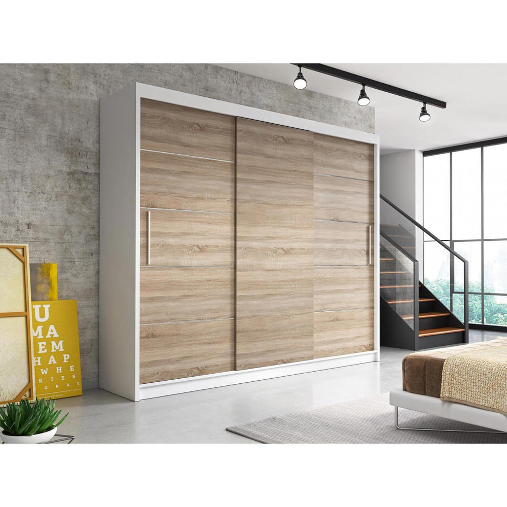SCHWEBETÜRENSCHRANK ALBA ohne Spiegel Weiß, Sonoma Eiche, ohne LED Beleuchtung 250 cm - Weiß/Sonoma Eiche, Holz (250/218/61cm) - imoebel24