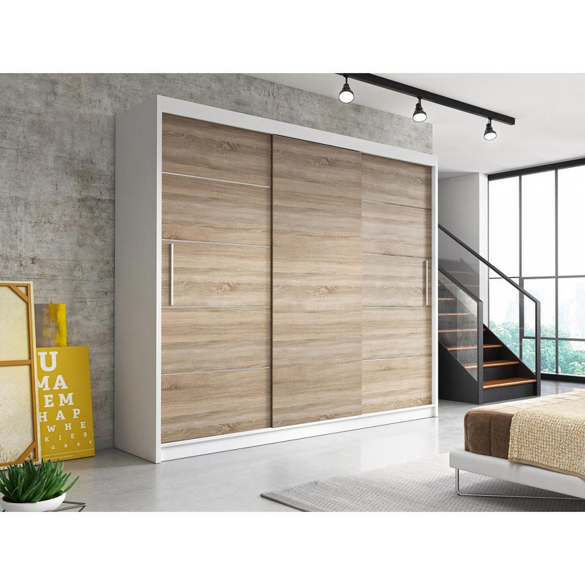 SCHWEBETÜRENSCHRANK ALBA ohne Spiegel Weiß, Sonoma Eiche, ohne LED Beleuchtung 250 cm - Weiß/Sonoma Eiche, Holz (250/218/61cm) - imoebel24