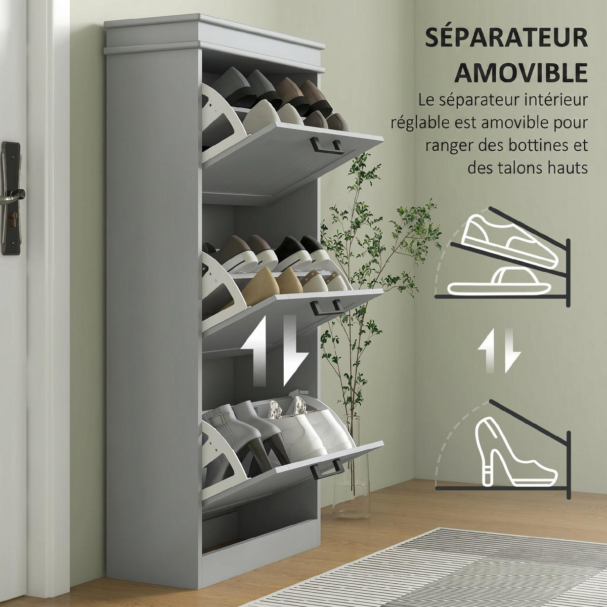 SCHUHSCHRANK,3-TÜRIG klapp für 15 Paar 54x24x117,5cm,grau - Grau, Holzwerkstoff (54/117.5/24cm) - Vallsero