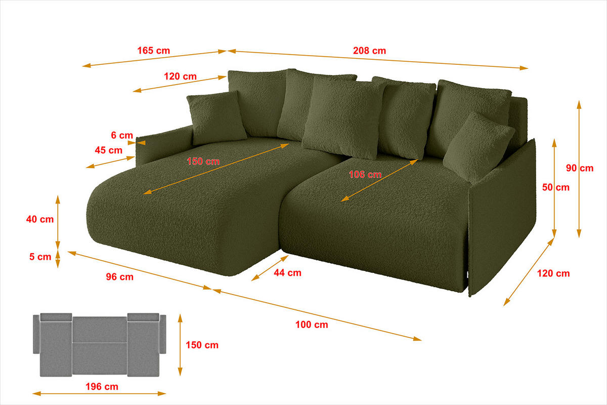 ECKSOFA mit Schlaffunktion und Bettkasten ONESK-L -v1 208x165x40 Grün Bouclé - Grün, Holzwerkstoff/Kunststoff (208/165cm) - ALTDECOR