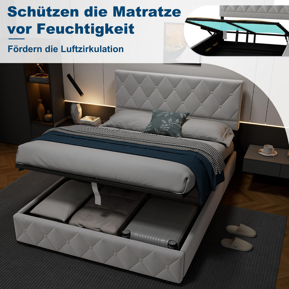 POLSTERBETT 140/200 cm in Grau Samt mit Bettkasten, hydraulischem Doppelhub-System und Lattenrost - Grau, Holzwerkstoff/Textil (140/200cm) - CHICFURN