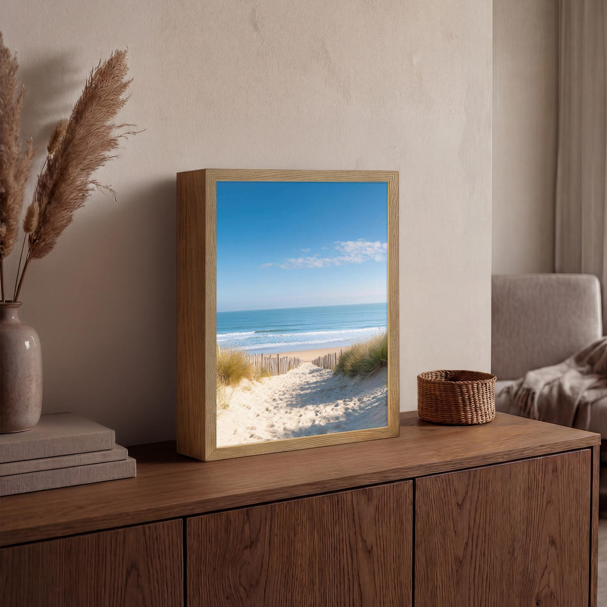 NÁSTĚNNÁ LAMPA S AKUMULÁTOREM Pláž - moře - duny - písek - léto 30x40 cm - písková barva, kompozitní dřevo (30/40/8cm) - OnlyWow