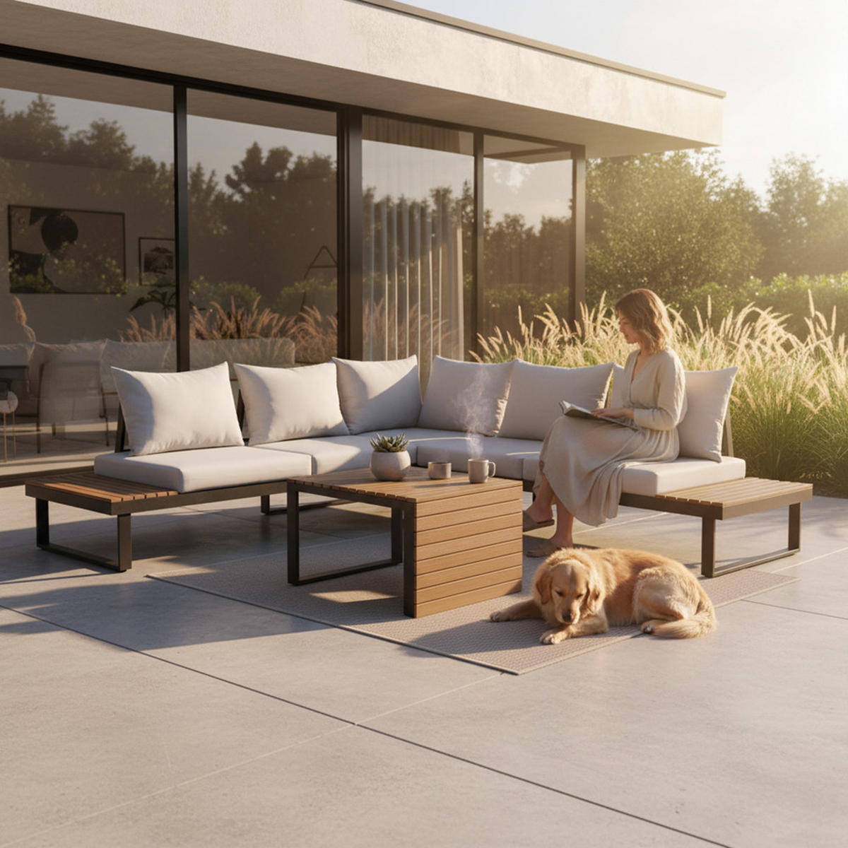 SET DE RELAXARE PENTRU GRĂDINĂ MARBELLA Modular, cu canapea, colț și masă - gri, compozit lemnos - RAUMHIRSCH FURNITURE
