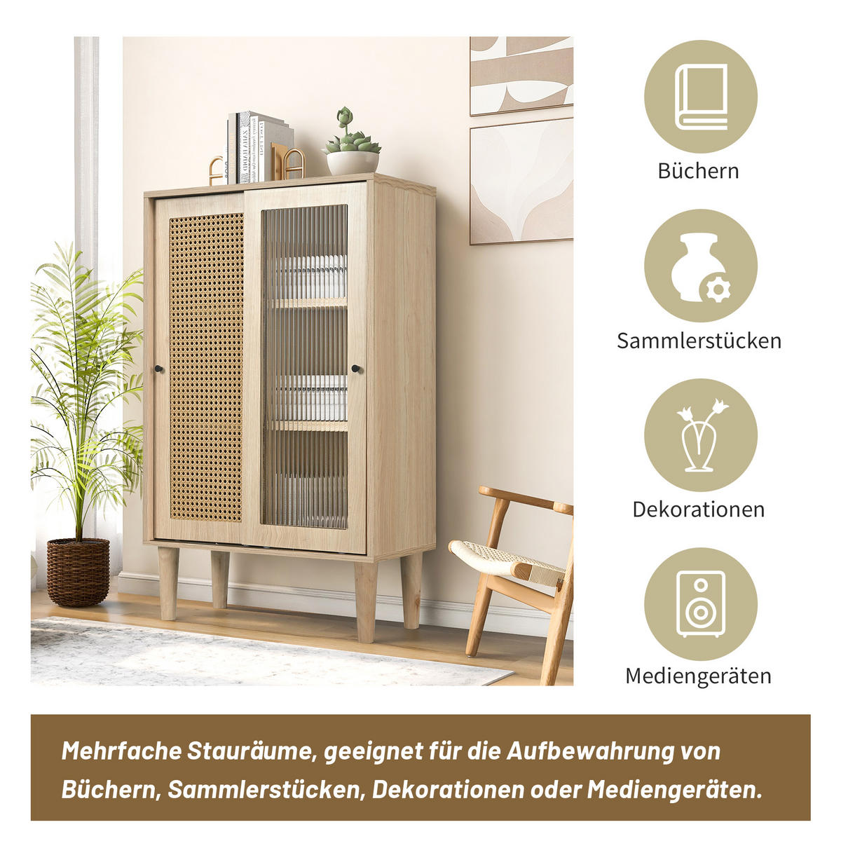 SIDEBOARD mit Rattan-Türen, 100x40x60 cm - Eiche San Remo, Glas/Holzwerkstoff (60/100/40cm) - Urban Meuble