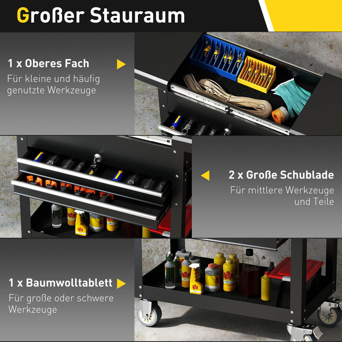 WERKSTATTWAGEN abschließbar mit 2 Schubladen, Schiebedeckel, Ablage Schwarz - Schwarz, Metall (38/80/130cm) - HOMCOM