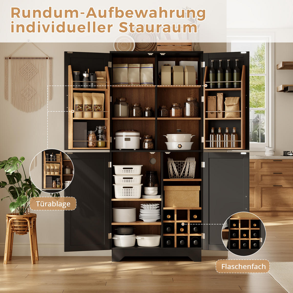 HIGHBOARD DE-38731 80/40/180 cm 4 Scheunentor-Türen und Weinregal Schwarz - Schwarz, Holzwerkstoff (80/180/40cm) - ComfortXL