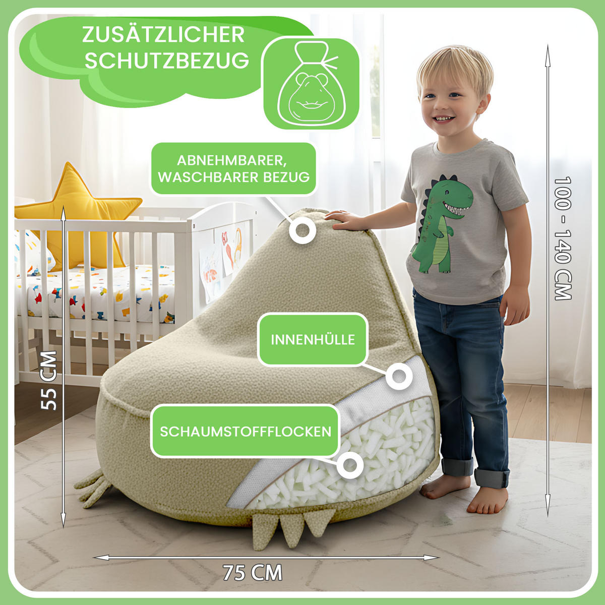 SITZSACK FÜR KINDER Dino 75/75/55 cm, weicher Bouclé 315 g/m², abnehmbarer Bezug, Toasted Almond - Beige, Textil (75/55/75cm) - Dreamroots