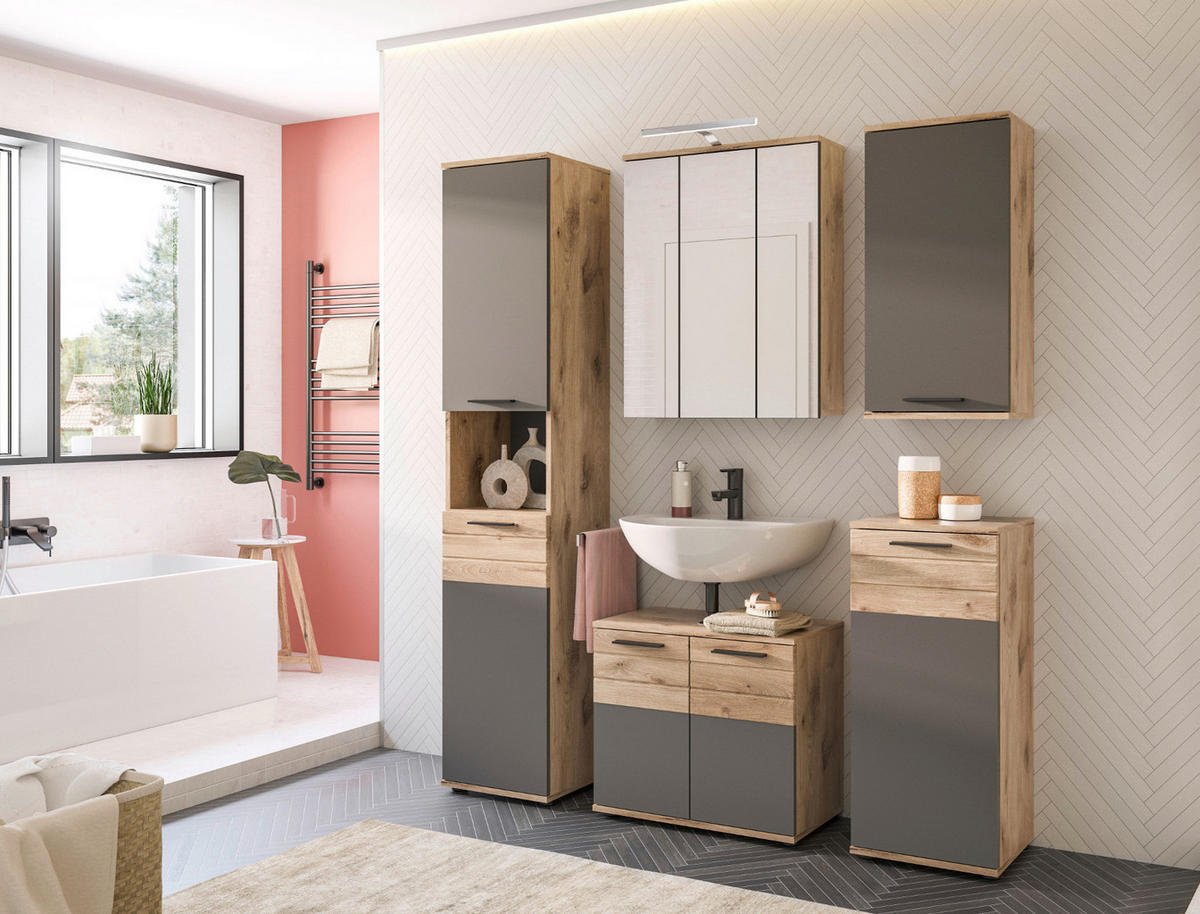WASCHBECKENUNTERSCHRANK Eiche, grau 60 cm mit Soft-Close - Eichefarben/Schwarz, Holzwerkstoff/Kunststoff (60/56/34cm) - Inn.Furn