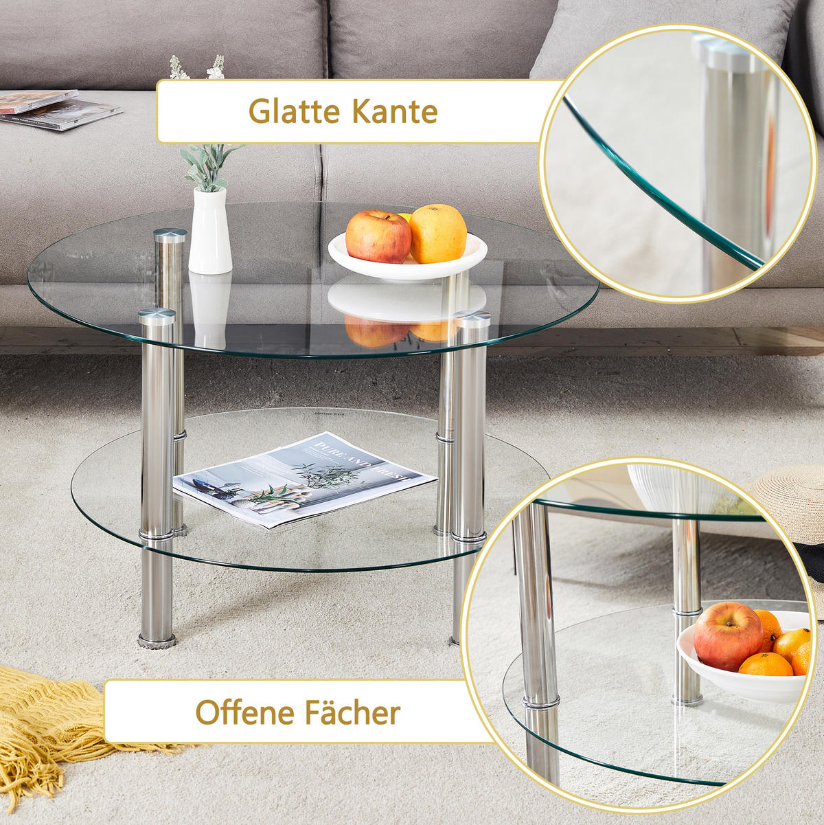 COUCHTISCH 70/60/42 cm Silber/Transparent aus Glas und Metall zweistufig - Silberfarben, Glas (70/70/42cm) - OKMYHOME