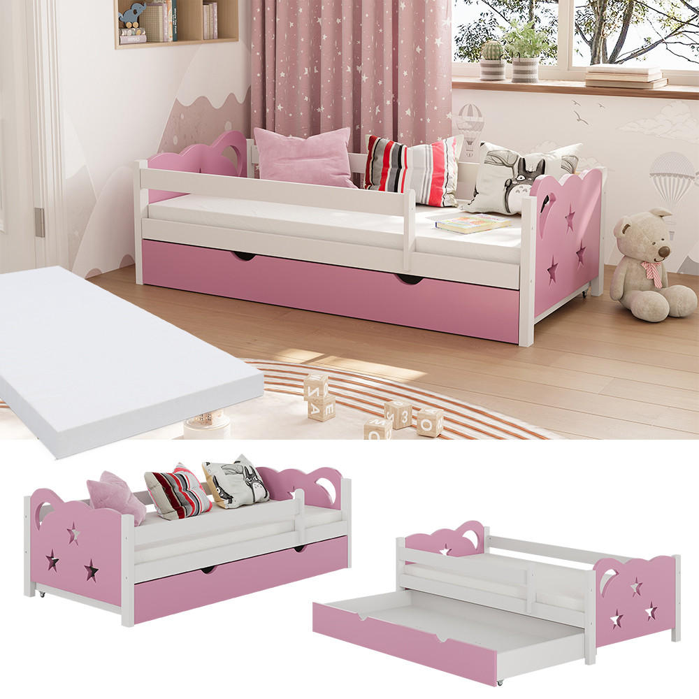 KINDERBETT Jessica Rosa/Weiß 80x160 cm mit Schublade und Matratze - Pink/Weiß, Holzwerkstoff (166/53/86cm) - VitaliSpa