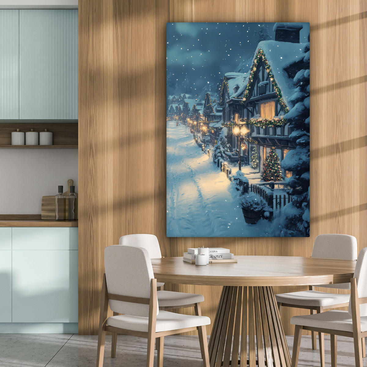 LEINWANDBILD Weihnachtsdorf - Weihnachten - Schnee - Winter 80x120 cm - Dunkelblau, Textil (80/120cm) - MuchoWow