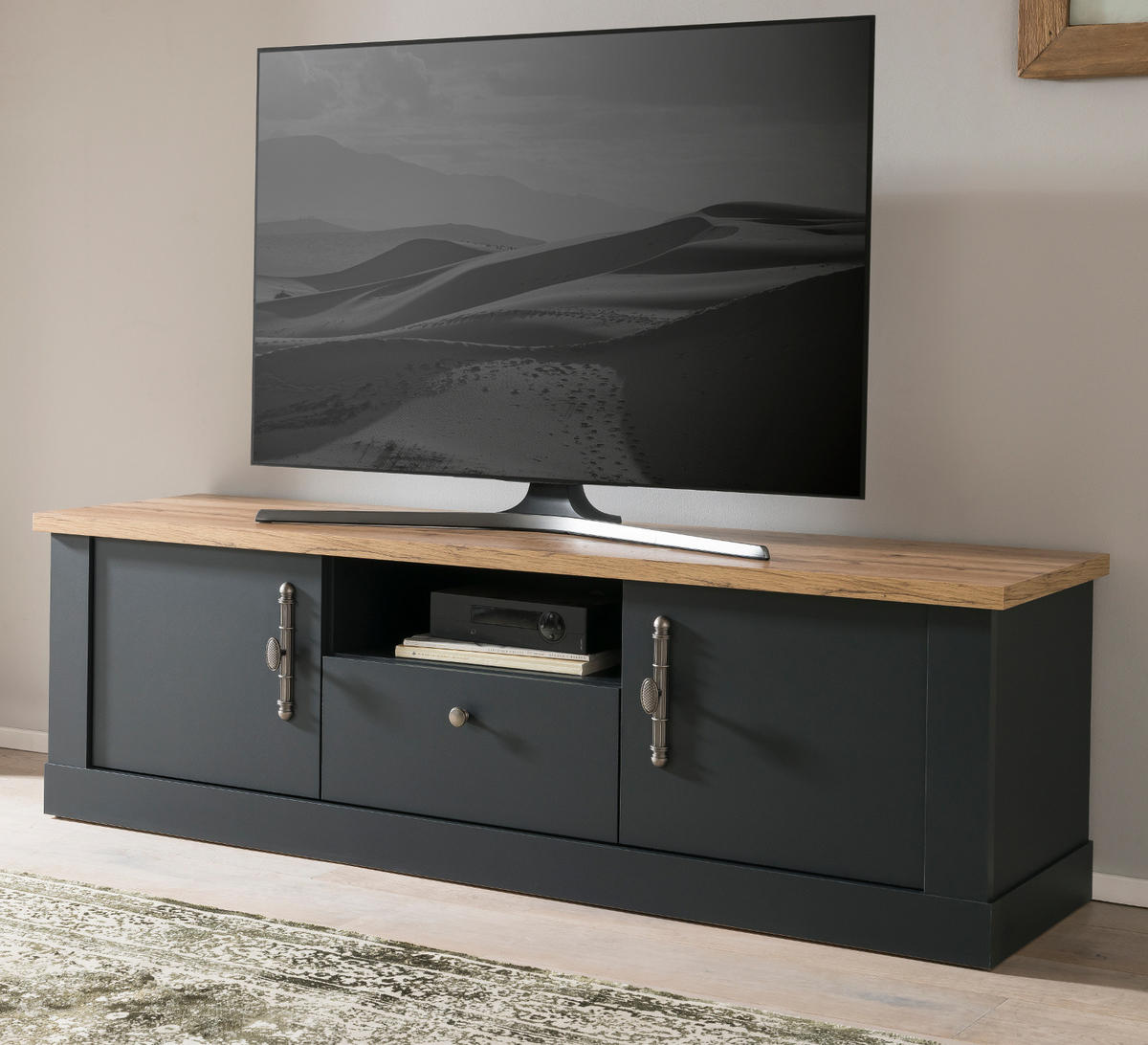 TV-LOWBOARD grau, Eiche Wotan, Landhaus 158 cm, TV Unterteil mit Soft-Close - Silberfarben/Eiche Wotan, Holzwerkstoff/Kunststoff (158/51/45cm) - Furn.Design