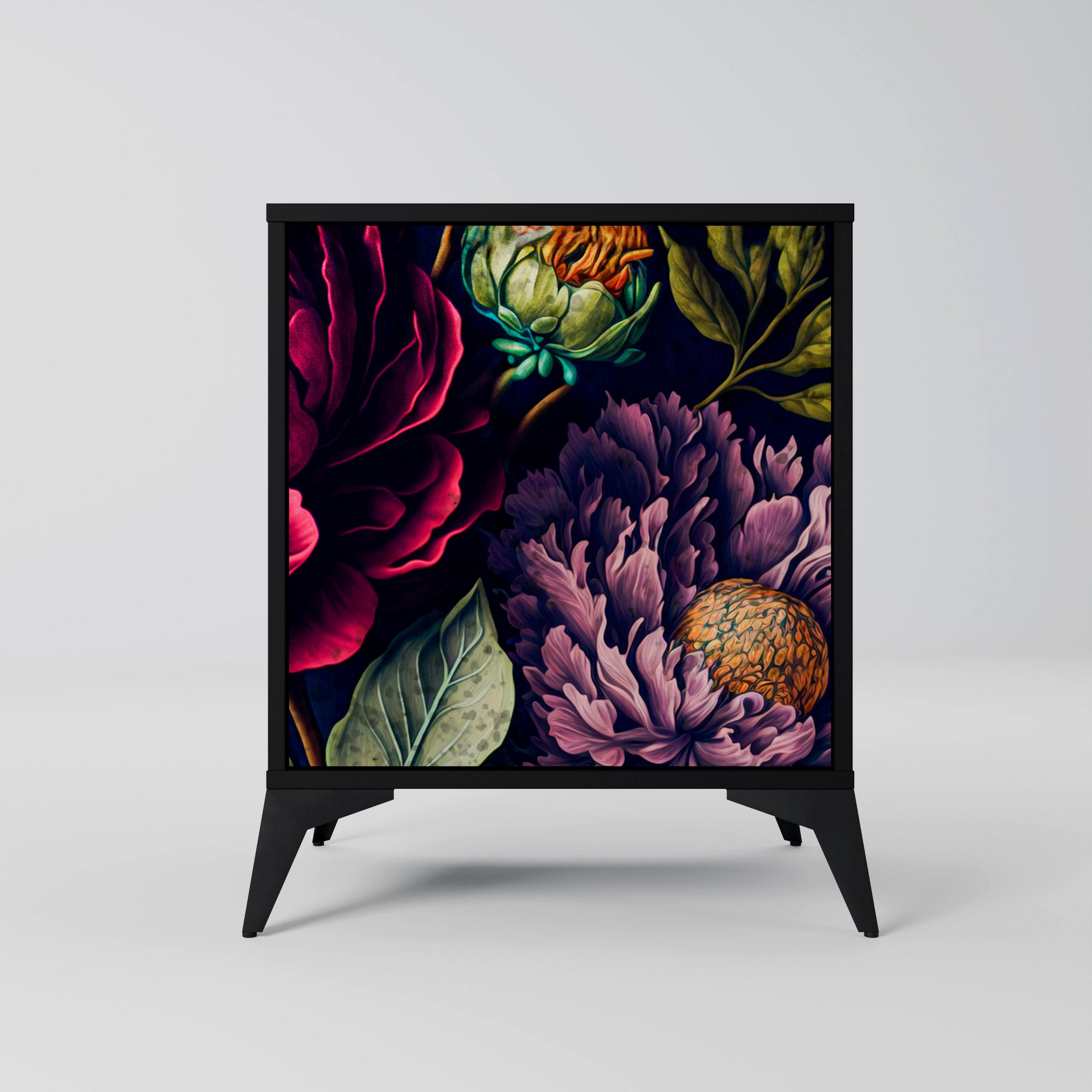 SIDEBOARD BLOOMING ELEGANCE, Schwarz, 57,5x42x70,5 cm, Schwarze Metall-Sternfüße - Multicolor/Schwarz, Holzwerkstoff/Metall (57.5/70.5/42cm) - SpaceRebels