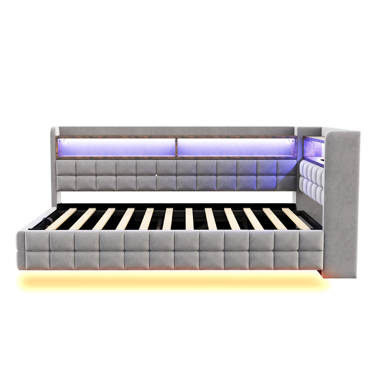 POLSTERBETT 90x200cm Schlafsofa LED Stauraum USB Samt Grau - Hellgrau, Textil (90/200cm) - FLIEKS