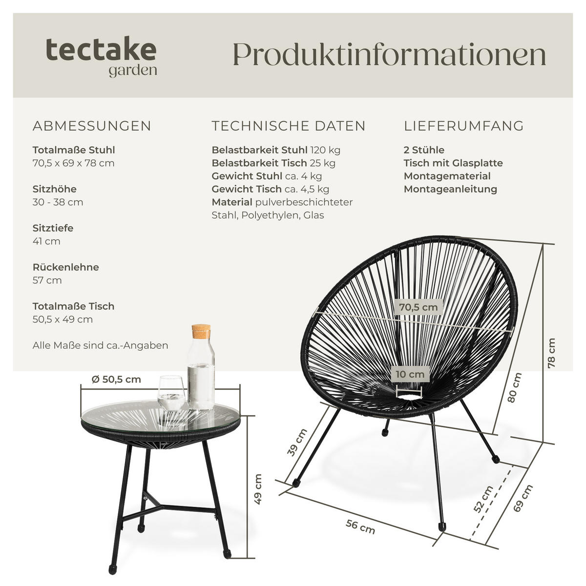 GARTENSTUHL 2er Set Santana mit Tisch, Belastbarkeit Stuhl 120 kg, schwarz - Schwarz, Kunststoff - tectake