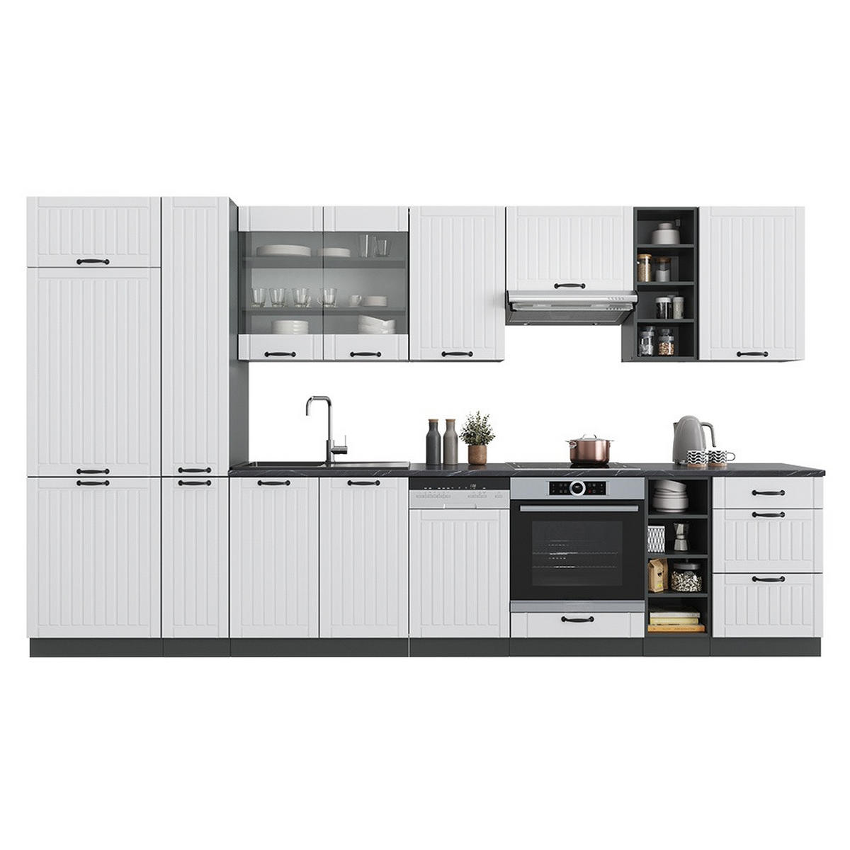 KÜCHENZEILE Fame-Line Weiß Landhaus/Anthrazit 355 cm , AP Eiche - Anthrazit/Weiß, Holzwerkstoff (355/206.8/60cm) - Vicco
