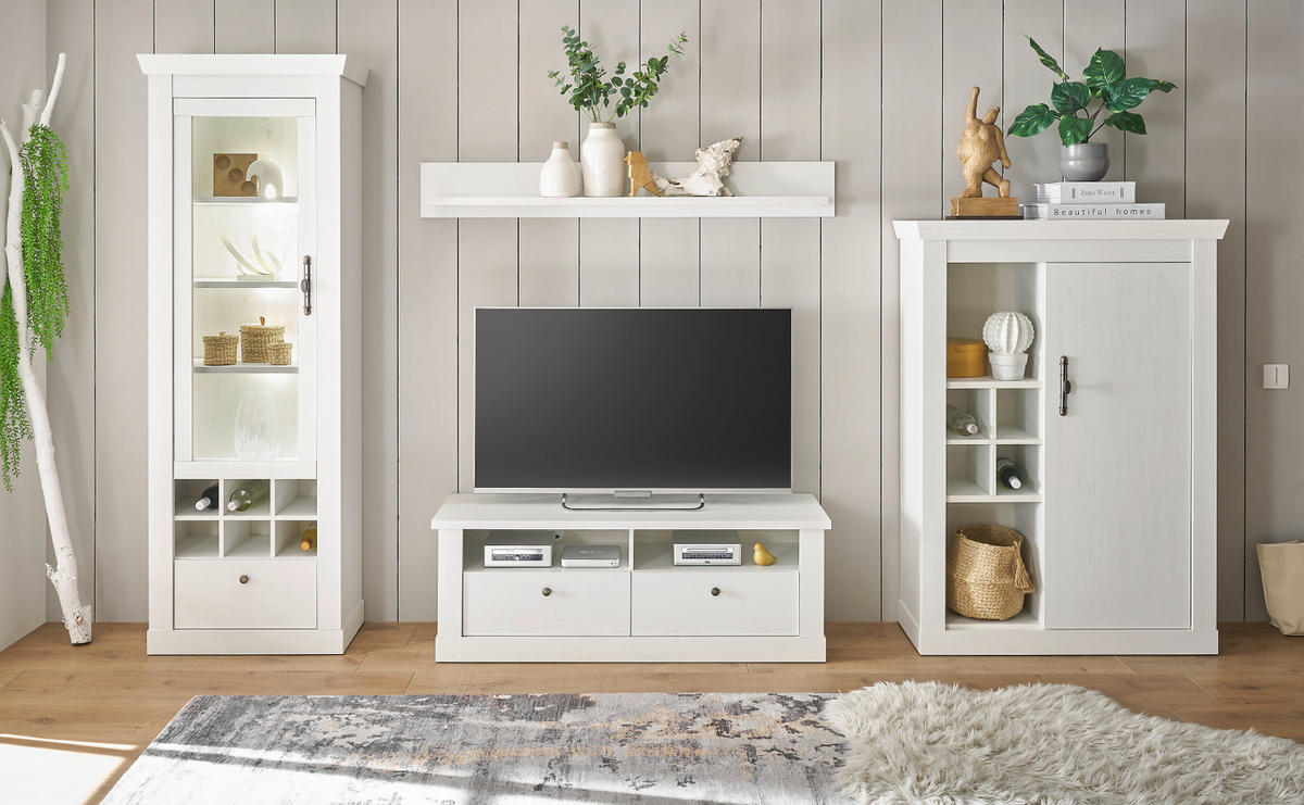 WOHNWAND weiß Pinie Landhaus, Set 4-teilig mit Soft-Close und Beleuchtung - Weiß, Holzwerkstoff/Kunststoff (334/201/45cm) - Furn.Design