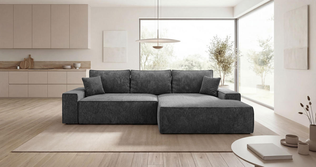 ECKSOFA VERONA rechts dunkelgrau Cord Poso 60 - Schlaffunktion, Bettkasten - Anthrazit, Textil (280/184cm) - Cornero