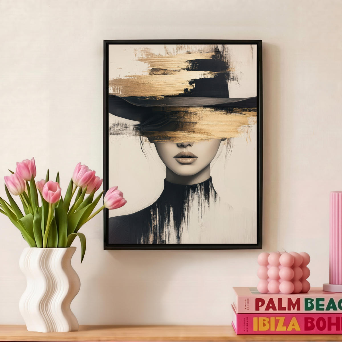 LEINWAND Bilder mit Rahmen - Frau - Hut - Farbe - 30x40 - Goldfarben, Textil (30/40cm) - MuchoWow