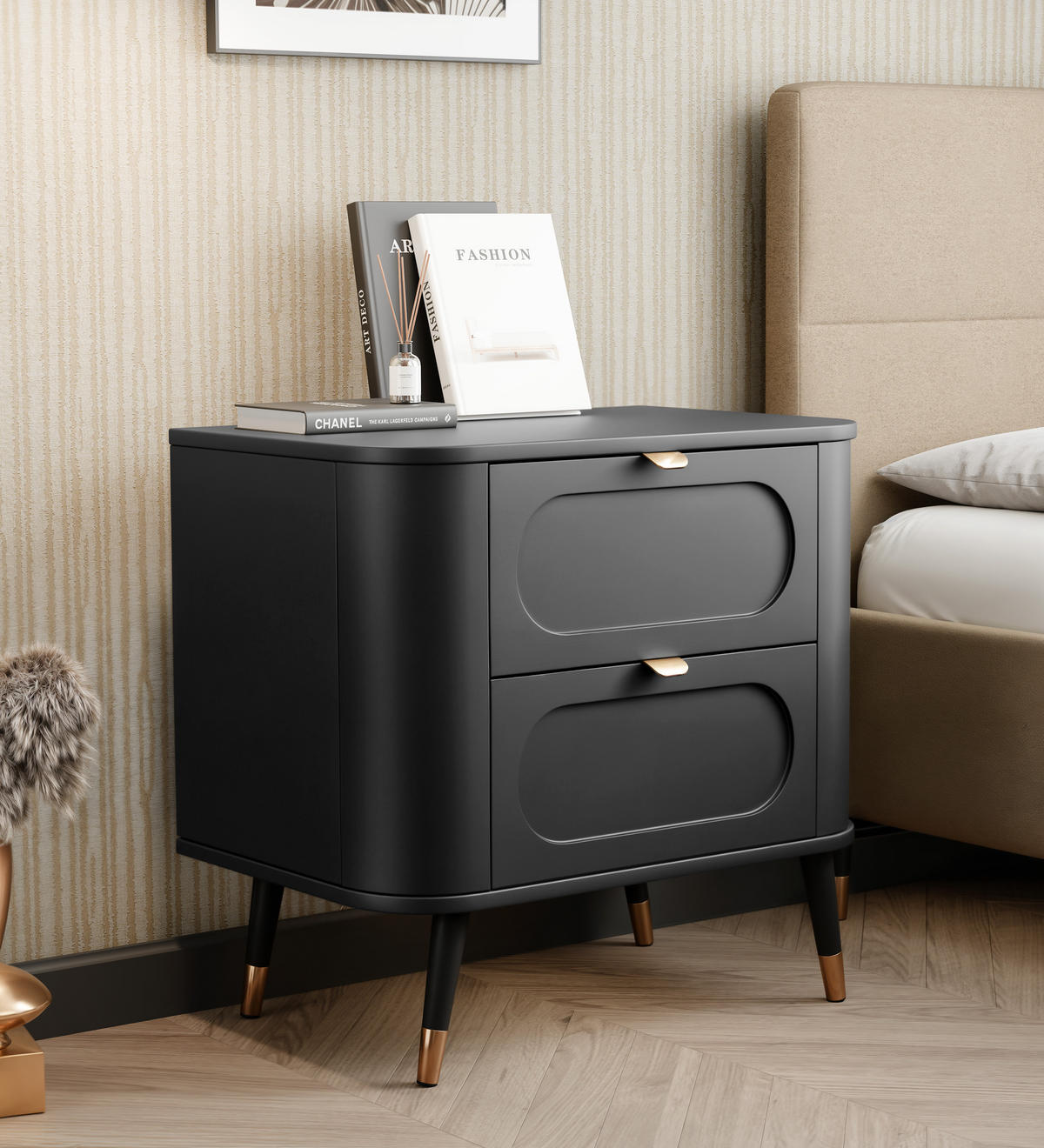 NACHTSCHRANK NOIR 60/40/61 cm Schwarz - Goldfarben/Schwarz, Holzwerkstoff/Metall (60/61/40cm) - Idohome