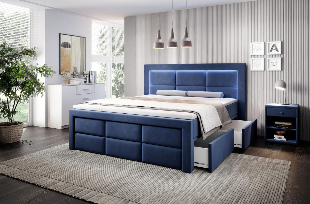 BOXSPRINGBETT Aspen mit Schubladen und Topper, LED-Beleuchtung, Samt, 180x200 cm, Dunkelblau - Dunkelblau, Holz - PROMETO Möbel