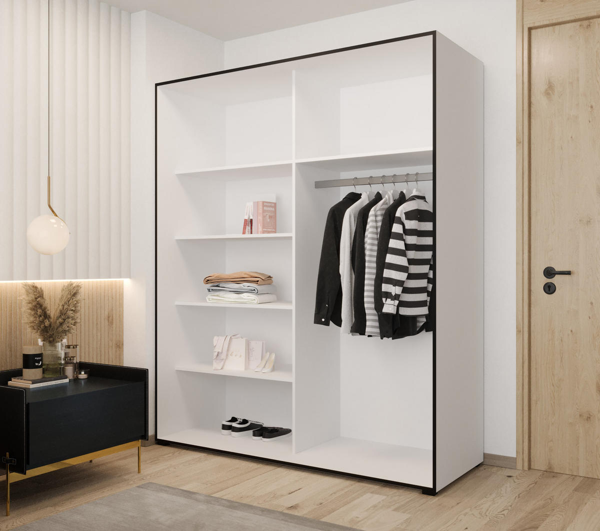 DREHTÜRENSCHRANK MODENA 180, 4-türig Kleiderschrank mit 2 Spiegel, Moderne Garderobe, Schrank in Größe: 180 x 206 x 65 cm - Schwarz/Weiß, Holzwerkstoff (180/206/65cm) - O-Sofa