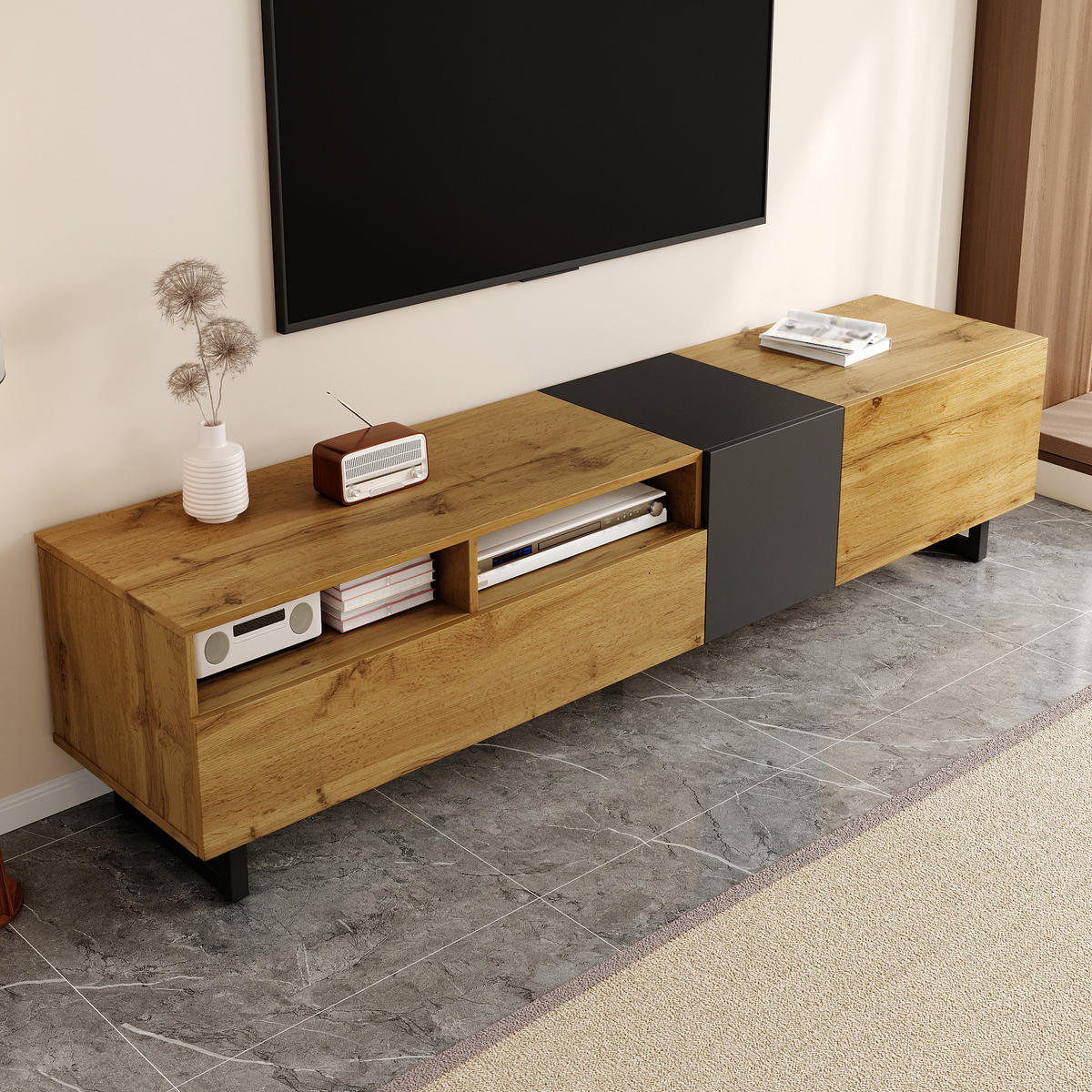 TV-ELEMENT170X36,5X42CM Colorblock-Design 3-Türen Retro-Holzmaserung - Naturfarben, Holz (45.72/21.72/98.43cm) - Raelunyi