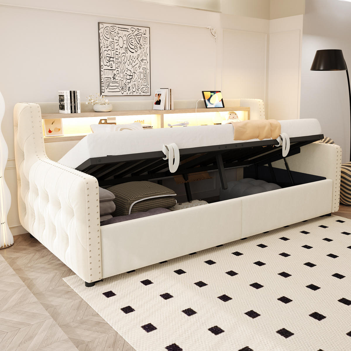 POLSTERBETT 90x200 cm LED USB Stauraum beige - Beige, Textil (90/200cm) - Fortuna Lai