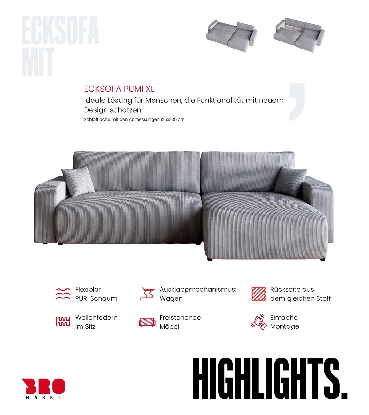 ECKSOFA PUMI XL mit Schlaffunktion Hellgrau Cord - Hellgrau, Textil (274/148cm) - Bromarkt