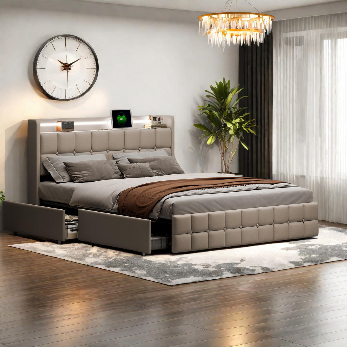 DOPPELBETT 180x200 Beige USB LED 4 Schubladen - Beige, Metall (180/200cm) - SHOPENTRA