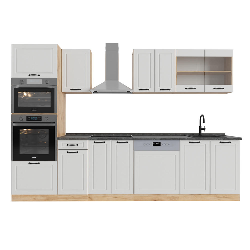 KÜCHENZEILE R-Line Weiß Landhaus/Goldkraft Eiche 300 cm mit Hochschrank, ohne Arbeitsplatte - Honigeiche/Weiß, Holzwerkstoff (300/81.6/46cm) - Vicco