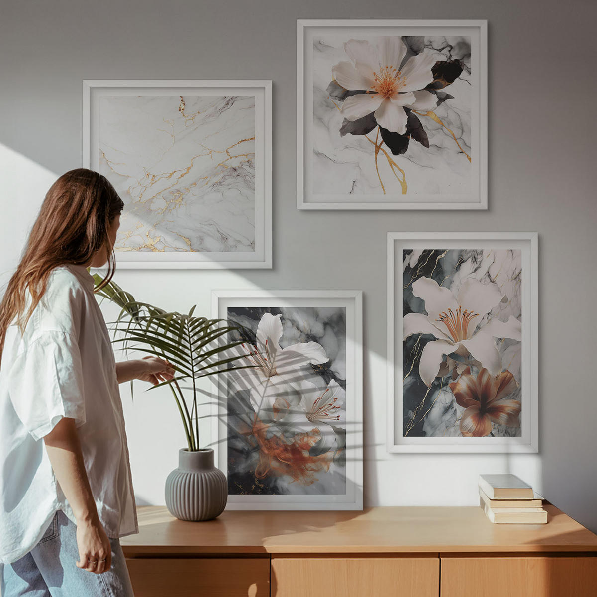 WANDBILDER 4er-Set - 50x50 cm & 40x60 cm Weißer Rahmen - Blumen Marmor weiß schwarz - Weiß, Kunststoff (50/50cm) - ArtPrintCave