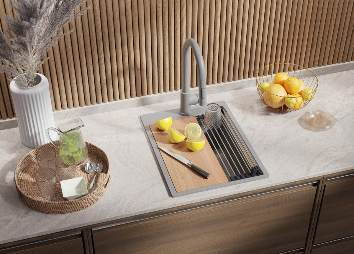 SPÜLBECKEN Oslo, 2-er set Grau 38/50 cm 1 Becken + Ablauf-Set + Schneidebrett ab 40er Unterschrank - Beige/Grau, Kunststoff (38/20/50cm) - Primagran