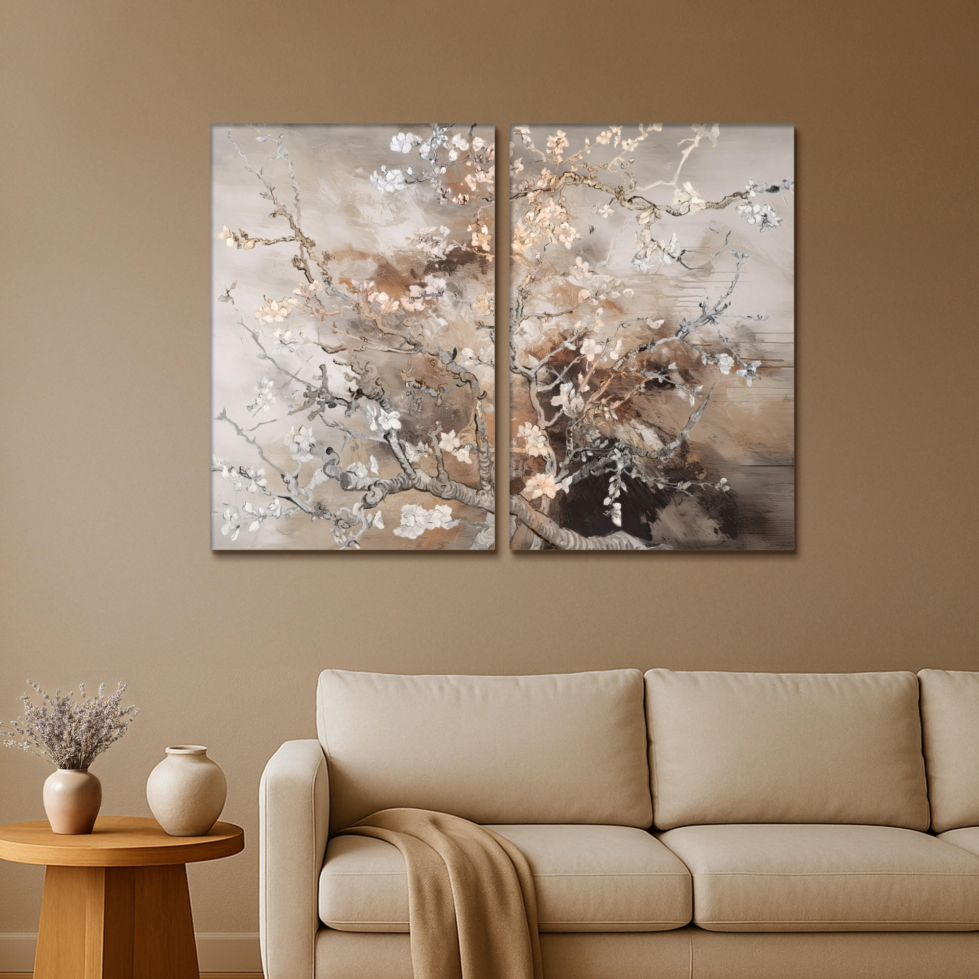 LEINWANDBILD 2er Set Mandelblüte - Abstrakt - Beige 160x120 cm - Beige, Textil (160/120cm) - MuchoWow