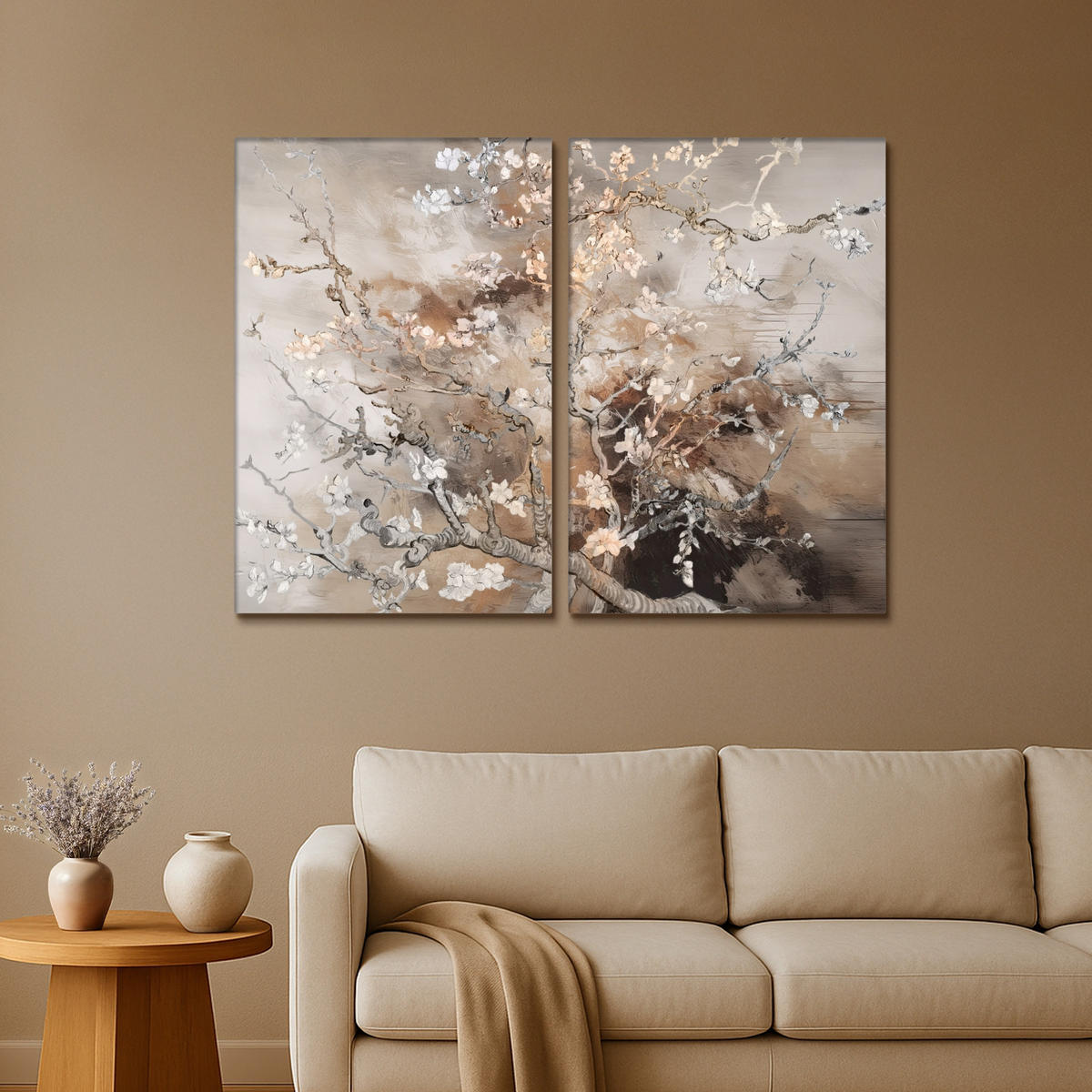 LEINWANDBILD 2er Set Mandelblüte - Abstrakt - Beige 160x120 cm - Beige, Textil (160/120cm) - MuchoWow