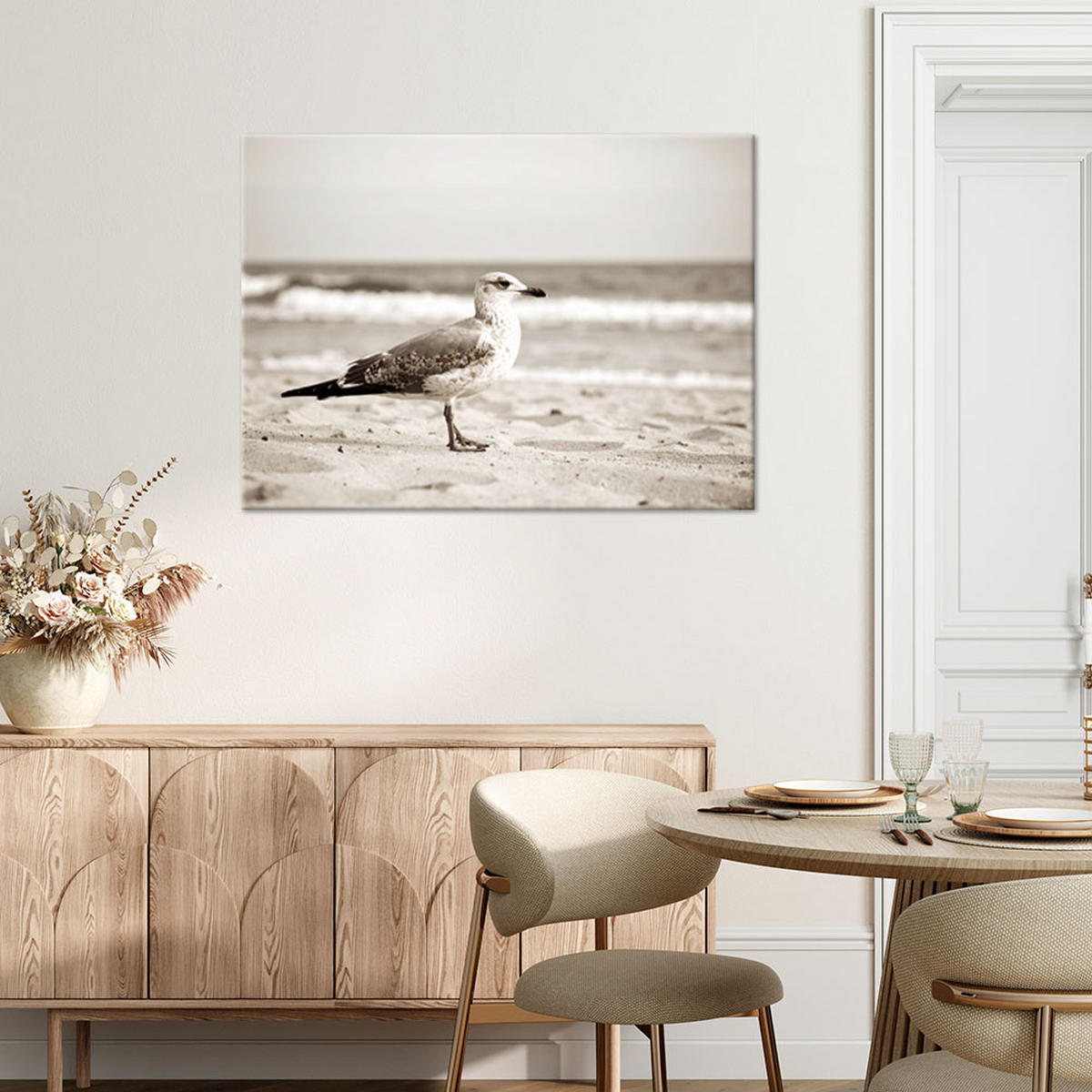 LEINWANDBILD Möwe Vogel Meer Strand Natur 90x60cm - Beige, Textil (90/60cm) - Feeby