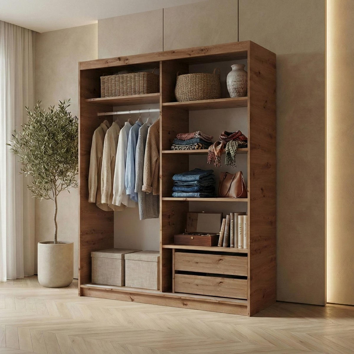 SCHWEBETÜRENSCHRANK Hela 160/205/60 2-türig eiche Artisan/schwarz mit Schubladen - Schwarz/Eiche Artisan, Holzwerkstoff (160/205/60cm) - Beautysofa