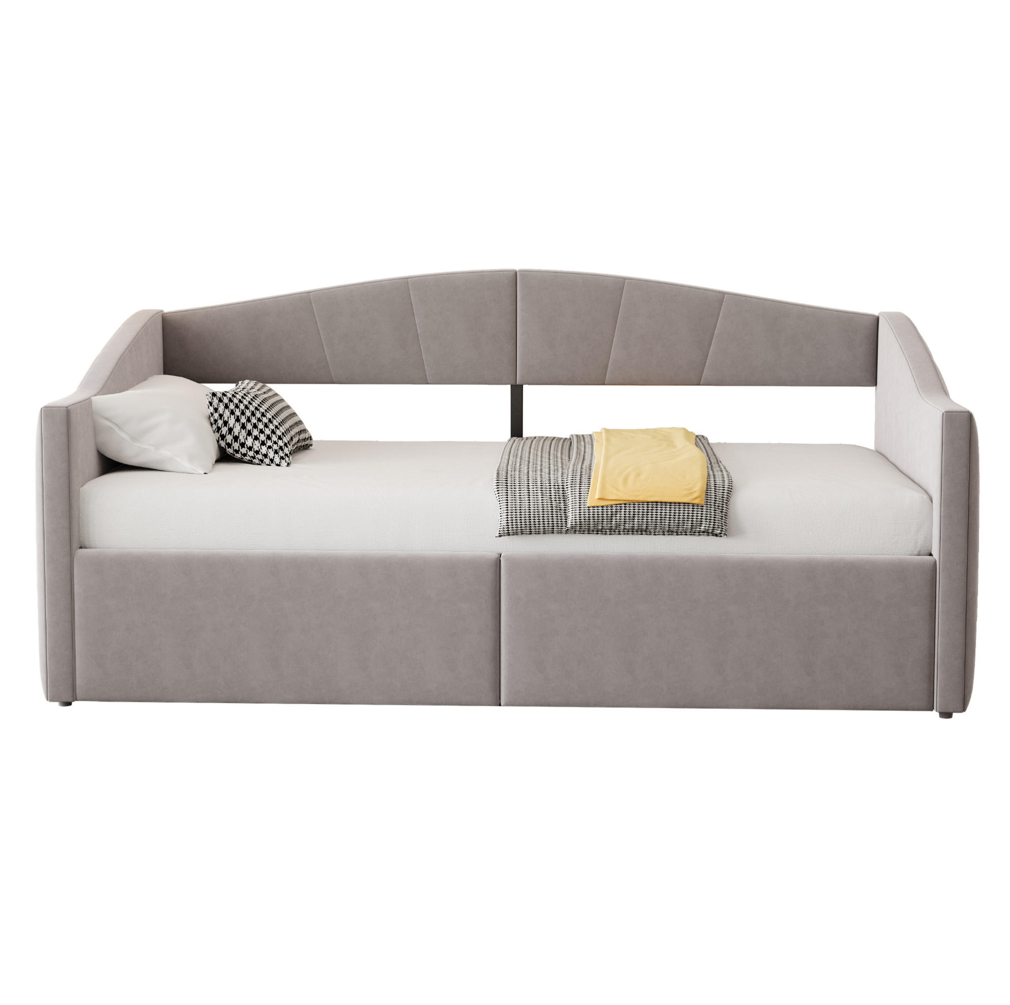 SAMT-POLSTERBETT 90/200 cm mit Bettkasten, Lattenrost und Armlehnen - Hellgrau, Textil (90/200cm) - BEAOK