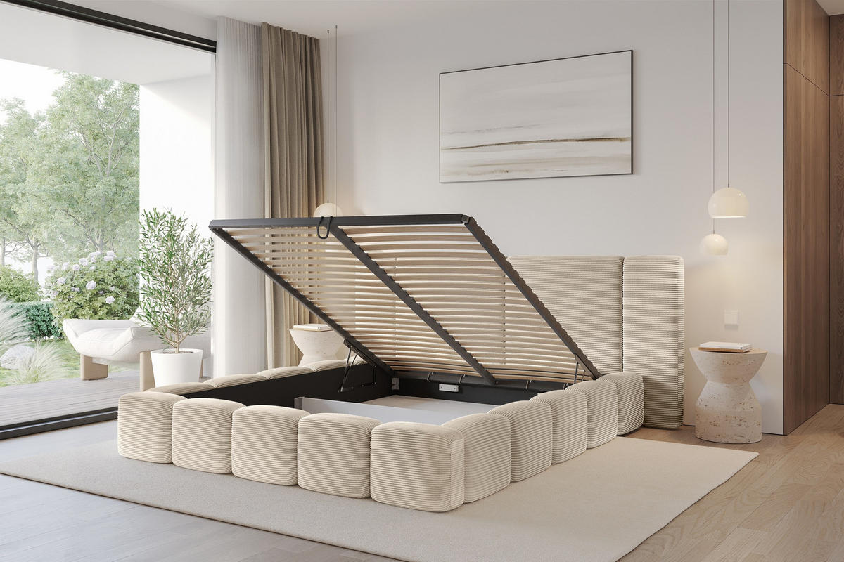 POLSTERBETT mit Bettkasten und Lattenrost, Bett mit Matratze H3/H4 - NILO 140x200 Beige - Creme, Holzwerkstoff/Textil (140/200cm) - ALTDECOR