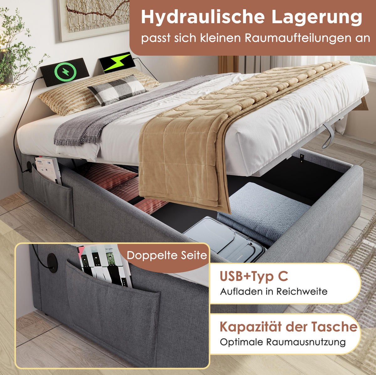 POLSTERBETT 140/200 cm Grau aus Baumwolle und Leinen mit Stauraum - Grau, Textil (140/200cm) - OKMYHOME