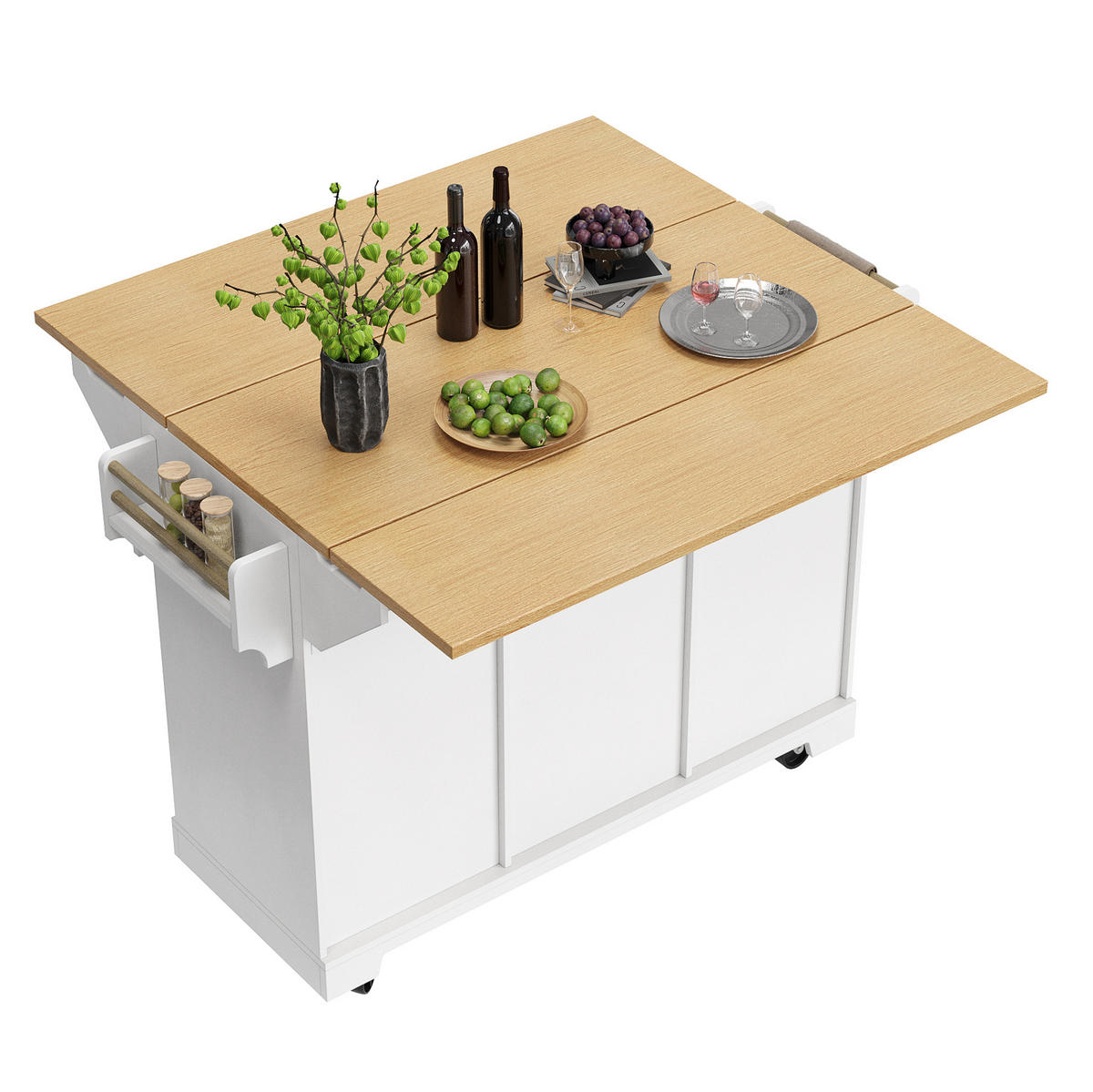 KÜCHENINSEL 120/40-80/95 cm in Weiß mit Klappplatte, Rollen und viel Stauraum - Weiß, Holzwerkstoff (120/95/80cm) - Flora Grace