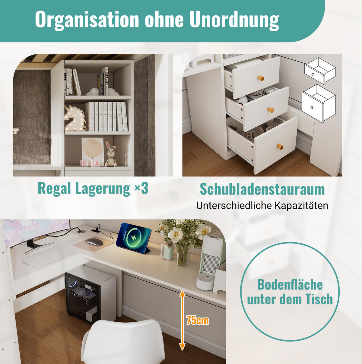HOCHBETT 90/200 cm mit L-Schreibtisch, Regalen, Schubladen und USB/Type-C-Ladebereich, Weiß - Weiß, Holzwerkstoff (90/200cm) - Redom